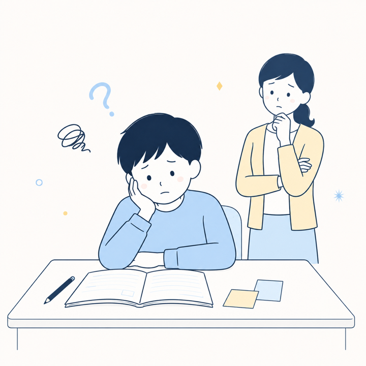 勉強で迷っている中学生と見守る保護者のイラスト