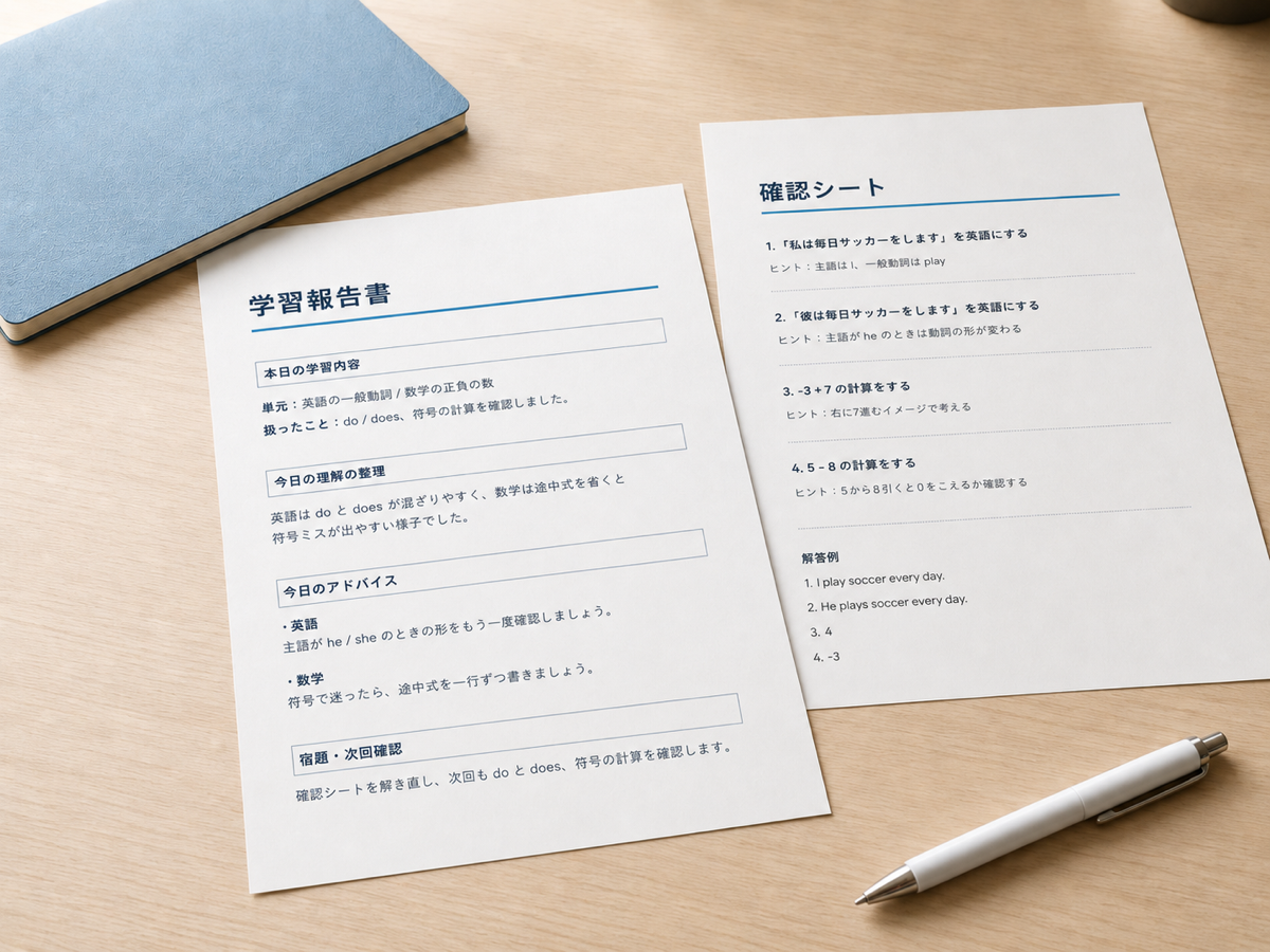 机の上に置いた学習報告書と確認シートの見本写真